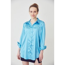 Lime Moda Oversize Saten Gömlek-Turkuaz