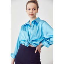 Lime Moda Oversize Saten Gömlek-Turkuaz