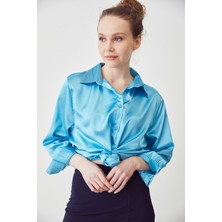 Lime Moda Oversize Saten Gömlek-Turkuaz