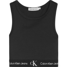 Calvin Klein IG0IG01355-PUNTO Tape Cropped Top Bisiklet Yaka Normal Kalıp Düz Siyah Kız Çocuk T-Shirt