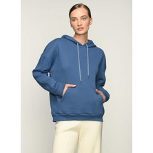 Fabrika Baskılı Kadın Kapüşonlu Sweatshirt-Mavi