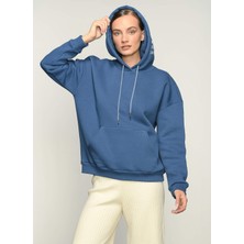 Fabrika Baskılı Kadın Kapüşonlu Sweatshirt-Mavi