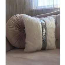Yılmaz Home Peluş Şeritli Kırlent Kılıfı  -  (Beyaz Peluş - Gümüş Şeritli)