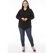 Disentis Modest Büyük Beden Geniş Manşetli Arkası Yırtmaç ve Bağcık Detaylı Siyah Gömlek