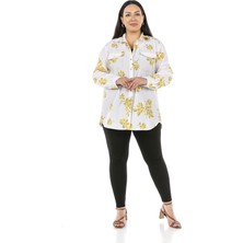 Disentis Modest Büyük Beden Katlamalı Kollu Kontrast Dikişli Süs Cep Kapaklı Beyaz Zemine Hardal Çiçek Desenli Gömlek