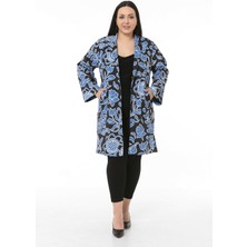 Disentis Modest Mono Yaka Kol Boyu Bilek Hizasında Fleto Cepli Astarlı Mavi Çiçek Desenli Kadın Ceket