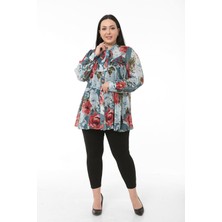 Disentis Modest Büyük Beden Çiçek Desenli Kendinden Fularlı Manşetli Turkuaz Şifon Gömlek