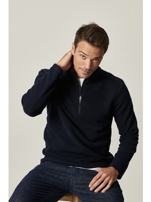 AC&Co / Altınyıldız Classics Erkek Lacivert Anti-pilling Tüylenme Yapmayan Standart Fit Bato Yaka Soğuk Geçirmez Polar Sweatshirt