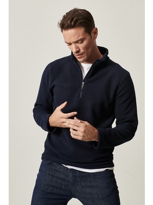 AC&Co / Altınyıldız Classics Erkek Lacivert Anti-pilling Tüylenme Yapmayan Standart Fit Bato Yaka Soğuk Geçirmez Polar Sweatshirt