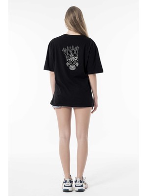 Phinzy King Skull Sırt Baskılı Kadın Siyah Oversize Bol Kesim T-Shirt