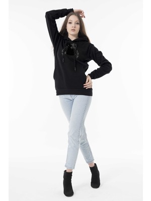 Phinzy Gangsta Pug Iı Göğüs Baskılı Kadın Siyah Slim Fit Regular Sweatshirt