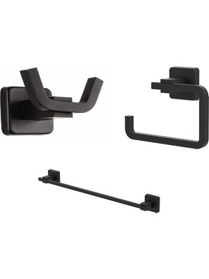 Fndhome Siyah Kare Uzun Havluluk, Kapaksız Tuvalet Kağıtlık, Ikili Bornoz Askılık Seti