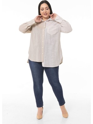 Disentis Modest Büyük Beden Asimetrik Kesim Yanları Yırtmaçlı Manşetli Robalı Çizgili ve Düz Kumaş Garnili Bej Gömlek