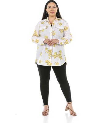 Disentis Modest Büyük Beden Katlamalı Kollu Kontrast Dikişli Süs Cep Kapaklı Beyaz Zemine Hardal Çiçek Desenli Gömlek