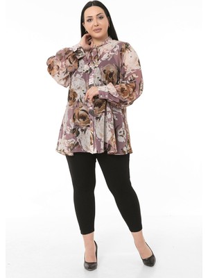 Disentis Modest Büyük Beden Çiçek Desenli Kendinden Fularlı Manşetli Pudra Rengi Şifon Gömlek