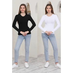 İkili Siyah-Beyaz Bisiklet Yaka Penye Kadın Body