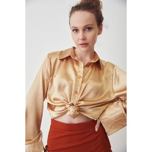 Lime Moda Oversize Saten Gömlek-Camel