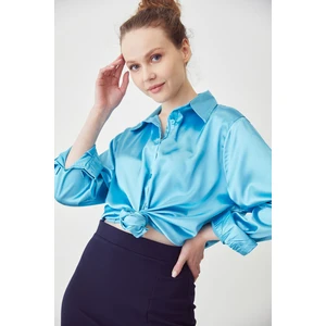 Lime Moda Oversize Saten Gömlek-Turkuaz