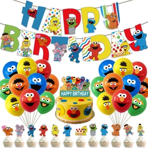 24'lü Happy Birthday Balon Kiti Baskılı Lateks Balon Kağıt Bayrak ve Kek Işareti Susam Sokağı Temalı Doğum Günü Partisi Dekorasyon (Yurt Dışından)