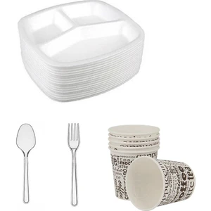 3 Gözlü Köpük Tabak + Karton Bardak + Kaşık + Çatal 4 Lü Set 25 Adet