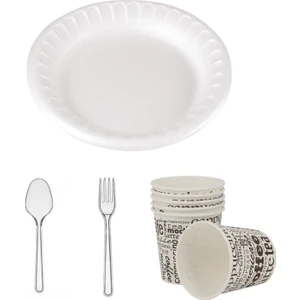 Yuvarlak Köpük Tabak + Karton Bardak + Kaşık + Çatal  4 Lü Set 10 Adet