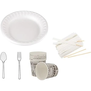 Yuvarlak Köpük Tabak + Karton Bardak + Kaşık + Çatal + Karıştırıcı 5 Li Set 10 Adet