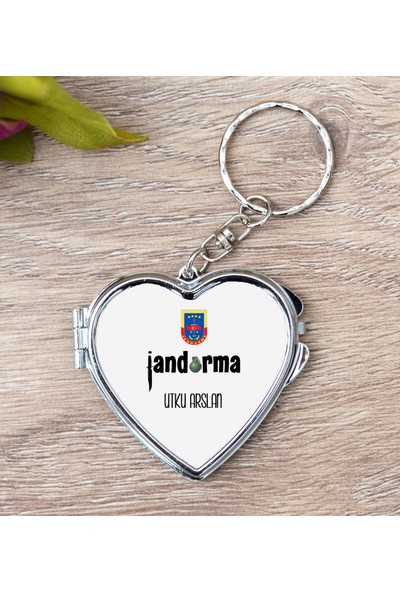 Hediye Dükkanı Kişiye Özel Jandarma Kalp Makyaj Aynası ve Anahtarlık