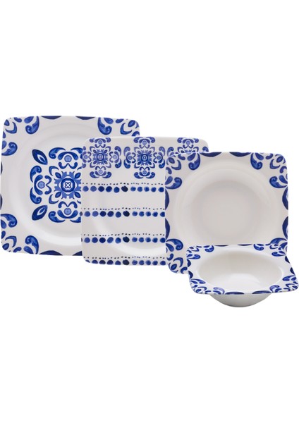 Ethnic Blue 24 Parça Kare Porselen Yemek Takımı