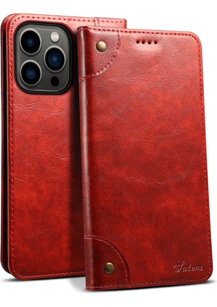 Apple iPhone 13 Pro Max Için 055 Serisi Çizilmeye Düşmeye Dayanıklı Pu Deri+Tpu Cüzdan Tasarımlı Standlı Telefon Kılıfı - Kırmızı (Yurt Dışından)