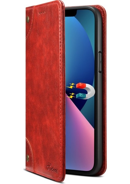 Apple iPhone 13 Pro Max Için 055 Serisi Çizilmeye Düşmeye Dayanıklı Pu Deri+Tpu Cüzdan Tasarımlı Standlı Telefon Kılıfı - Kırmızı (Yurt Dışından)