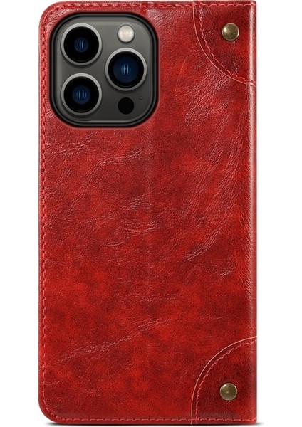 Apple iPhone 13 Pro Max Için 055 Serisi Çizilmeye Düşmeye Dayanıklı Pu Deri+Tpu Cüzdan Tasarımlı Standlı Telefon Kılıfı - Kırmızı (Yurt Dışından)