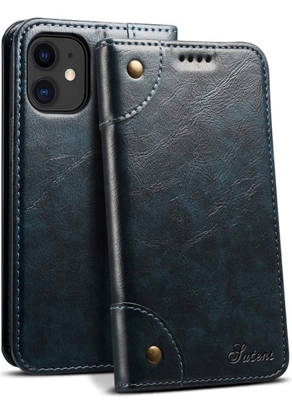 Apple iPhone 12 Mini Için 055 Serisi Çizilmeye Düşmeye Dayanıklı Pu Deri+Tpu Cüzdan Tasarımlı Standlı Telefon Kılıfı - Mavi (Yurt Dışından)