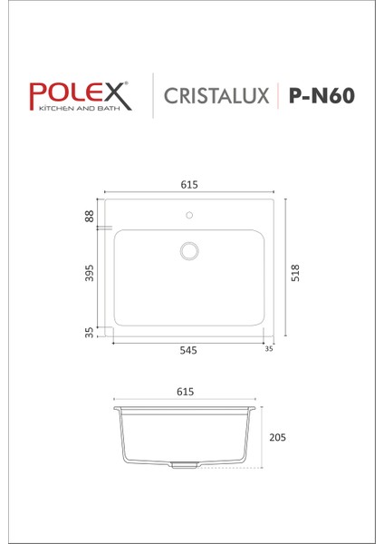 Cristalüx Granit Evye P-N60 Siyah Tezgah Altı Ve Tezgah Üstü Kare Mutfak Evyesi 61,5x51,8cm