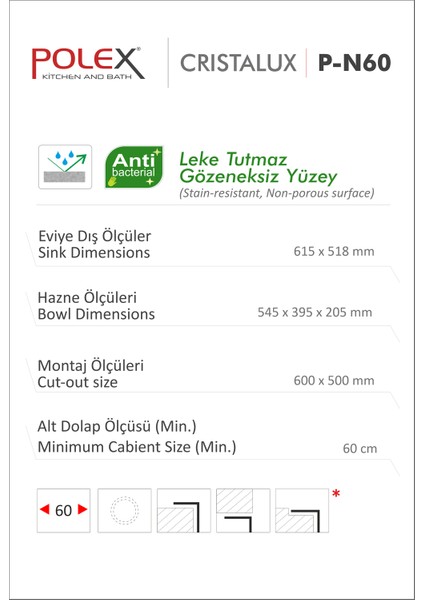 Cristalüx Granit Evye P-N60 Siyah Tezgah Altı Ve Tezgah Üstü Kare Mutfak Evyesi 61,5x51,8cm