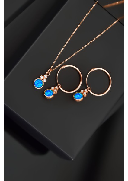 925 Ayar Gümüş Rose Kaplama Mavi Opal Yuvarlak Kolye ve Çift Halka Küpe