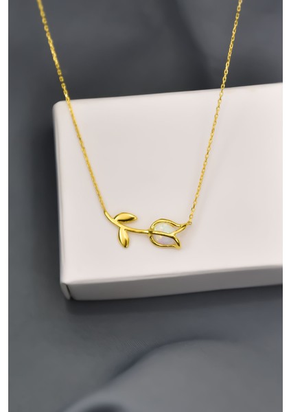 925 Ayar Gümüş Gold Kaplama Beyaz Opal Lale Kolye