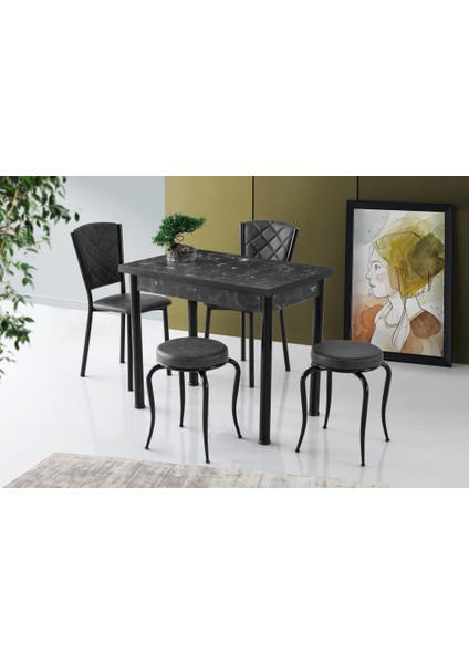 Smart Mutfak Masa 2 Sandalye 2 Tabure Set 60x90 cm