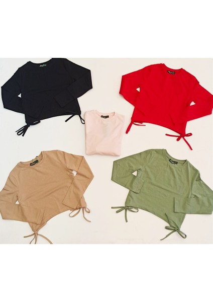 Kız Çocuk Yandan Bağlamalı Ince Uzun Kol T-Shirt 03002 Vizon