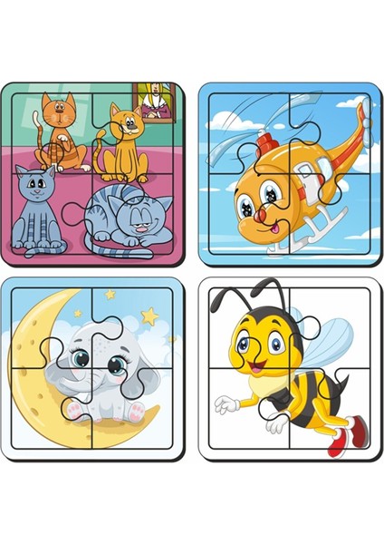 Kedi, Helikopter, Aydede ve Fil, Arı 4 Parça 4'lü Yapboz Ilk Puzzle, Kolay Puzzle 4PUZZ1660