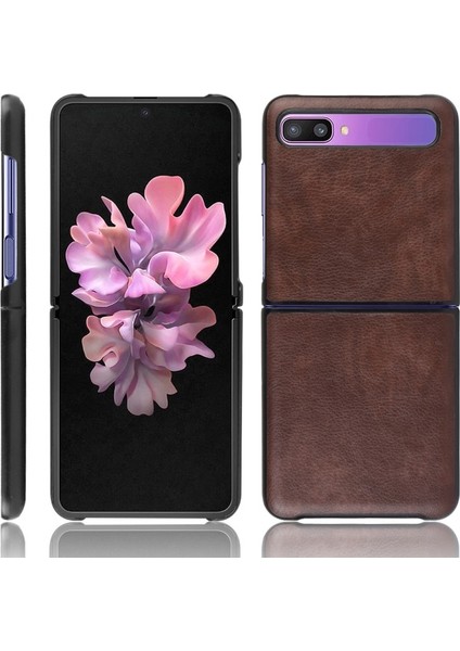 Galaxy Z Flip Için Deri Kaplamalı Sert Pc Telefon Kılıfı - Koyu Kahverengi (Yurt Dışından)