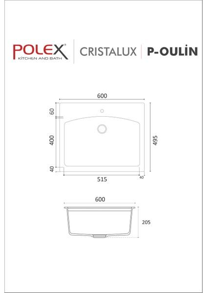 Cristalüx Granit Evye P-OL60 Antrasit Tezgah Altı Ve Tezgah Üstü Kare Mutfak Evyesi 60x49,5cm