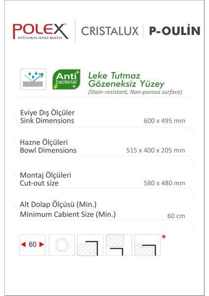 Cristalüx Granit Evye P-OL60 Antrasit Tezgah Altı Ve Tezgah Üstü Kare Mutfak Evyesi 60x49,5cm