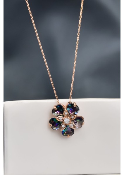 925 Ayar Gümüş Rose Kaplama Mistik Taşlı Mine Çiçeği Kadın Kolye