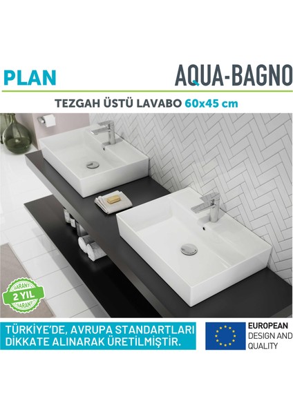 Aqua Bagno  Plan  Seramik Kare Çanak Lavabo ,60 x 45 Cm. Beyaz