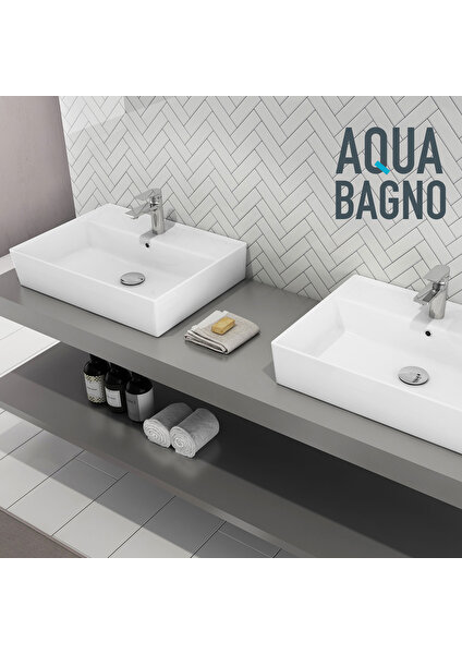 Aqua Bagno  Plan  Seramik Kare Çanak Lavabo ,60 x 45 Cm. Beyaz