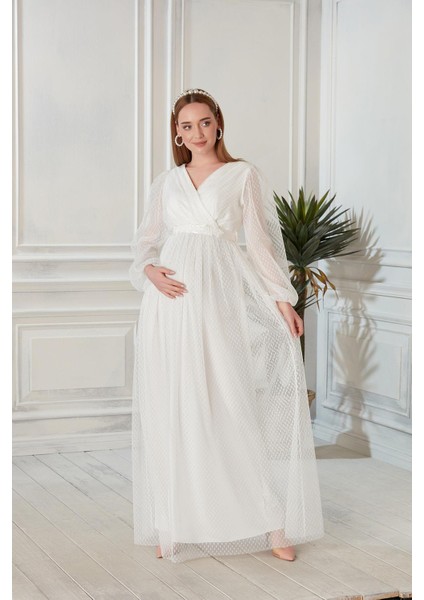 A0024-SIM Puanlı Tül Maxi Hamile Abiye-Babyshower Elbise