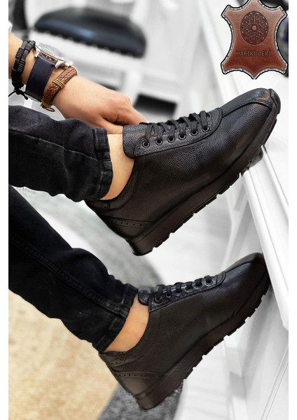 Siyah Hakiki Deri Erkek Spor Ayakkabı Platform Taban