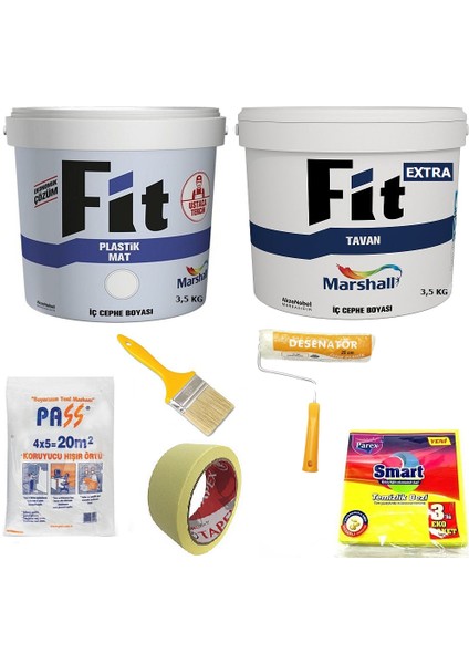 Fit Plastik İç Cephe Boyası 3.5 kg + Fit Extra Tavan Boyası 3.5 kg + 5 Parça Boyama Seti