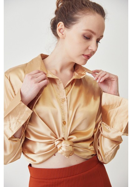 Oversize Saten Gömlek-Camel