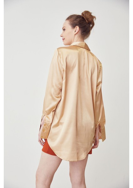 Oversize Saten Gömlek-Camel
